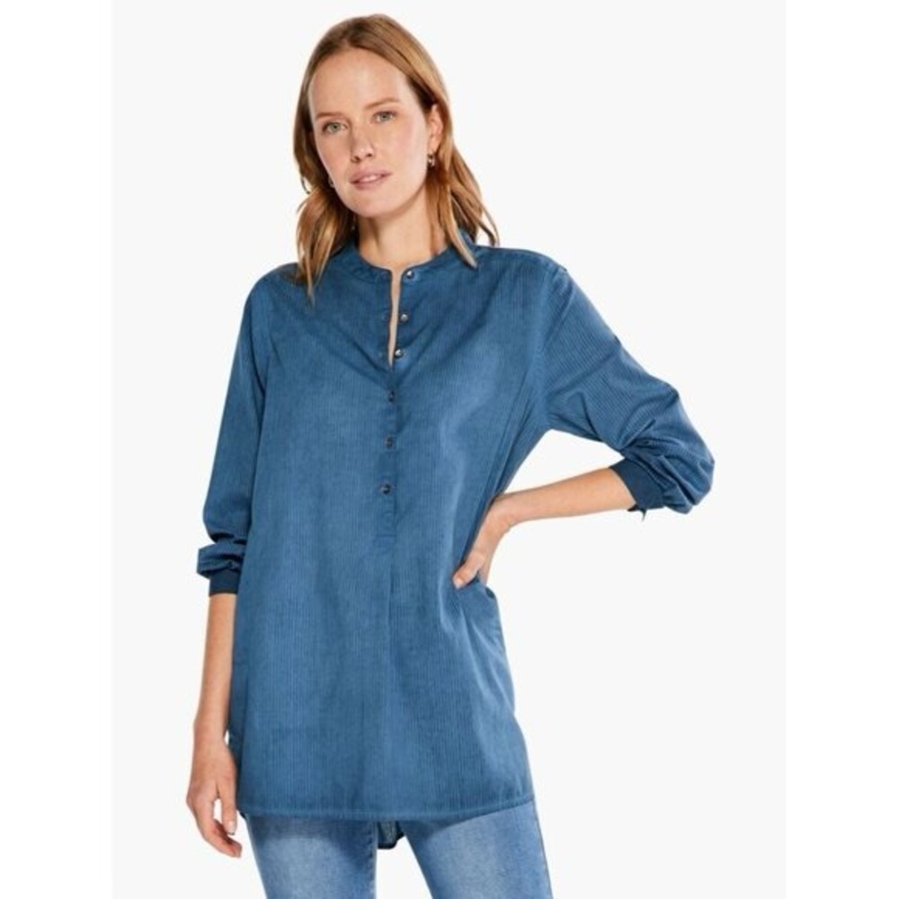 Nic + Zoe Garden Shirt Tunic Size Medium Blue Button Up Long Sleeve Top Pockets